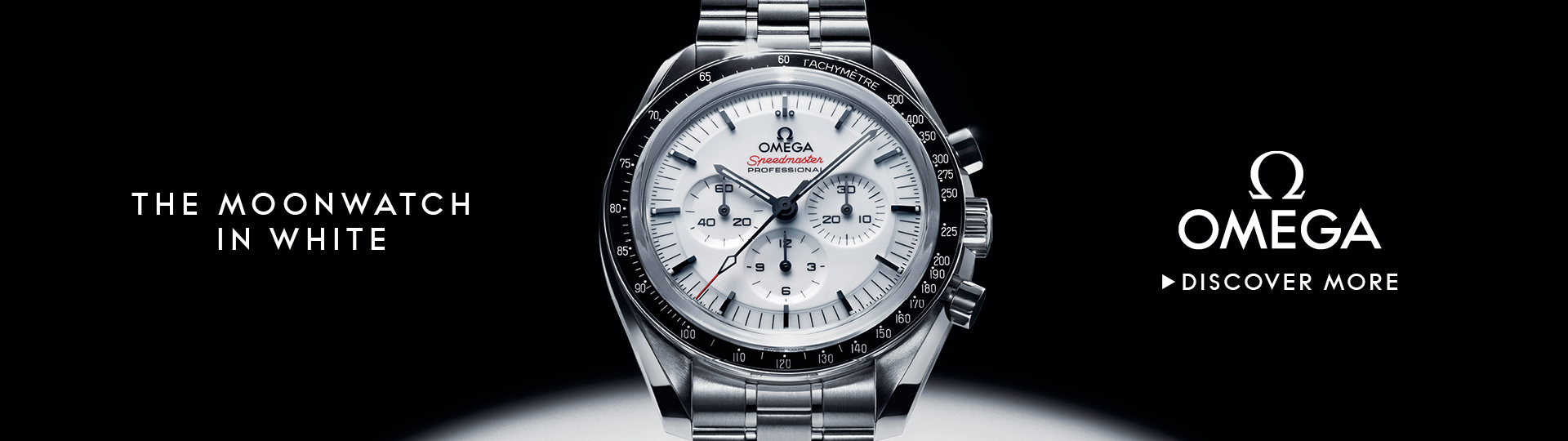 Banner with an Omega Speedmaster Moonwatch on a clean gray background