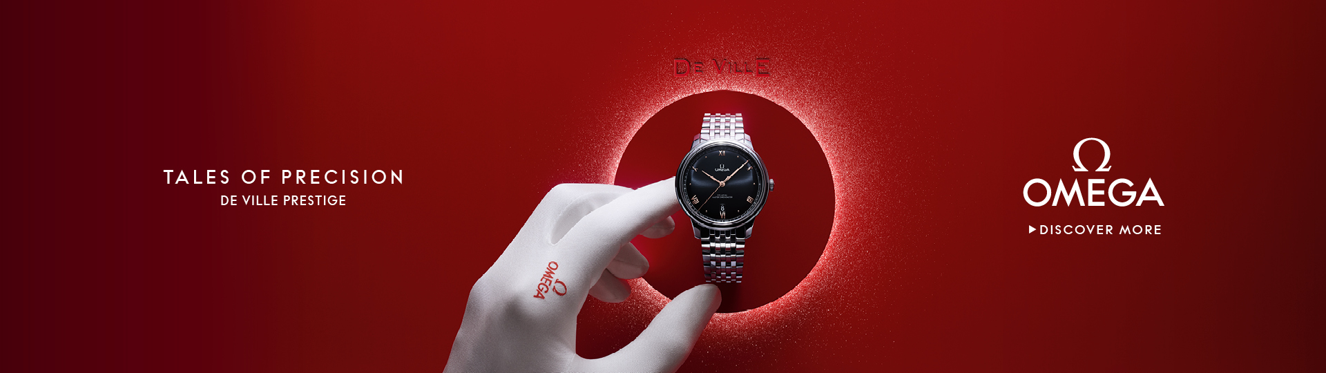 Banner with an Omega Speedmaster Moonwatch on a clean gray background